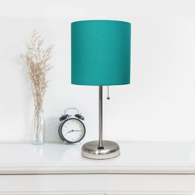 Image showing  19.5 in. H Stick Lamps with USB Charging Port and Fabric Shade, 2-Pack, Teal/Brushed Steel