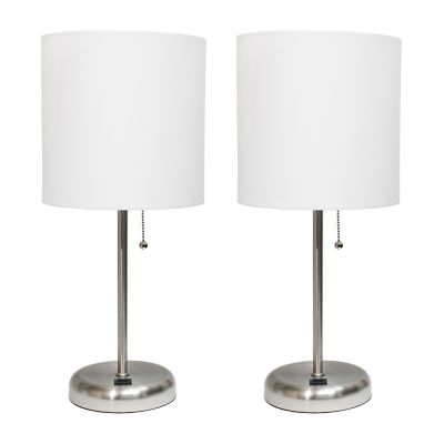 LimeLights 19.5 in. H Stick Lamps with USB Charging Port and Fabric Shade, 2-Pack, White/Brushed Steel