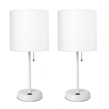 LimeLights 19.5 in. H Stick Lamps with USB Charging Port and Fabric Shade, 2-Pack, White/White