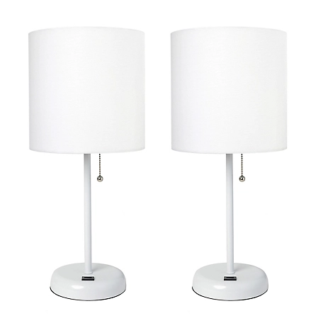 LimeLights 19.5 in. H Stick Lamps with USB Charging Port and Fabric Shade, 2-Pack, White/White