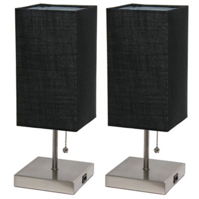 Simple Designs Petite Stick Lamps with USB Charging Port and Fabric Shade, 2-Pack, Black