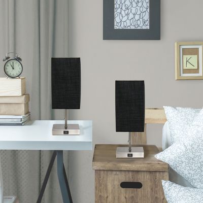 Simple Designs Petite Stick Lamps with USB Charging Port and Fabric Shade, 2-Pack, Black