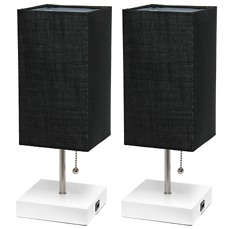 Simple Designs Petite Stick Lamps with USB Charging Port and Fabric Shade, Black/White, 2-Pack