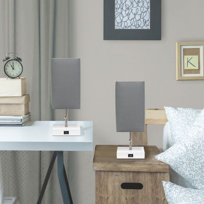 Simple Designs Petite Stick Lamps with USB Charging Port and Fabric Shade, 2-Pack, Gray/White