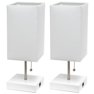 Simple Designs Petite Stick Lamps with USB Charging Port and Fabric Shade, 2-Pack, White/White