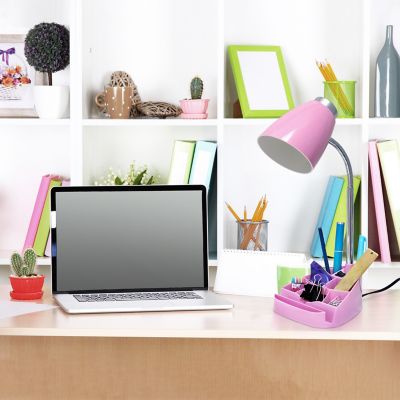 LimeLights 18.5 in. H Gooseneck Organizer Desk Lamp with iPad Tablet Stand Book Holder, Pink