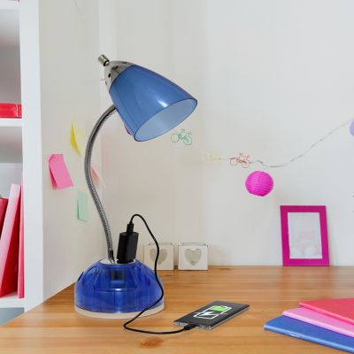Image showing  20 in. H Flossy Organizer Desk Lamp with Charging Outlet Lazy Susan Base, Blue
