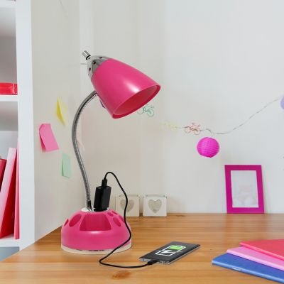 Image showing  20 in. H Flossy Organizer Desk Lamp with Charging Outlet Lazy Susan Base, Pink
