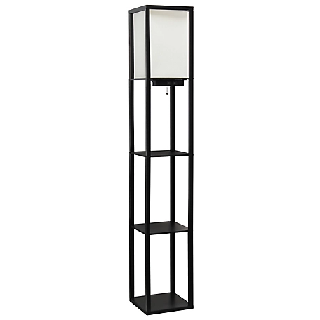 Simple Designs 62.5 in. Floor Lamp Etagere Organizer Storage Shelf, 2 USB Charging Ports, 1 Charge Outlet, Linen Shade, Black