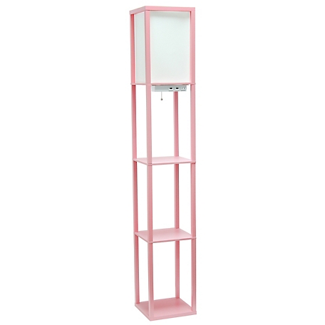 Simple Designs 62.5 in. Floor Lamp Etagere Organizer Storage Shelf, 2 USB Charging Ports, 1 Charge Outlet, Linen Shade, Pink