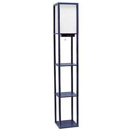 Simple Designs 62.5 in. Floor Lamp Etagere Organizer Storage Shelf, 2 USB Charging Ports, 1 Charge Outlet, Linen Shade, Navy