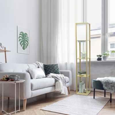 Simple Designs 62.5 in. Floor Lamp Etagere Organizer Storage Shelf, 2 USB Charging Ports, 1 Charge Outlet, Linen Shade, Tan
