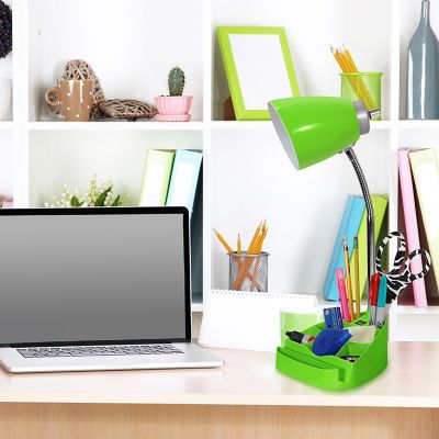 LimeLights Gooseneck Organizer Desk Lamp with Holder and USB Port, Green