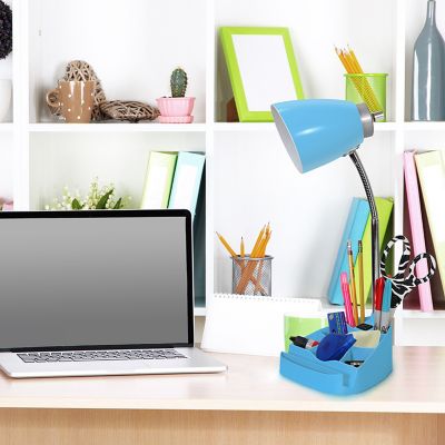 LimeLights Gooseneck Organizer Desk Lamp with Holder and Charging Outlet, Blue