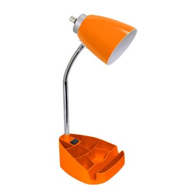 LimeLights Gooseneck Organizer Desk Lamp with Holder and Charging Outlet, Orange