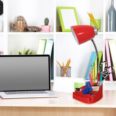 LimeLights Gooseneck Organizer Desk Lamp with Holder and Charging Outlet, Red