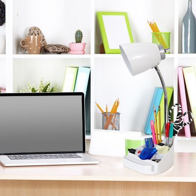 LimeLights Gooseneck Organizer Desk Lamp with Holder and Charging Outlet, White