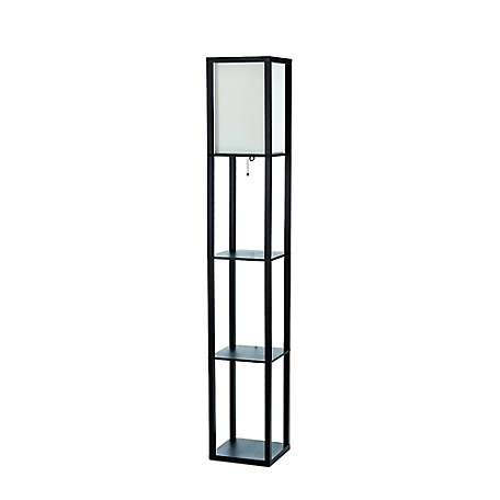 Simple Designs 62.75 in. Floor Lamp Etagere Organizer Storage Shelf with Linen Shade, Black
