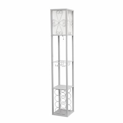Simple Designs 62.75 in. Floor Lamp Etagere Organizer with Storage Shelf, Wine Rack and Linen Shade, Gray