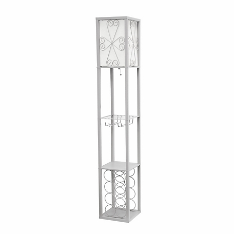 Simple Designs 62.75 in. Floor Lamp Etagere Organizer with Storage Shelf, Wine Rack and Linen Shade, Gray