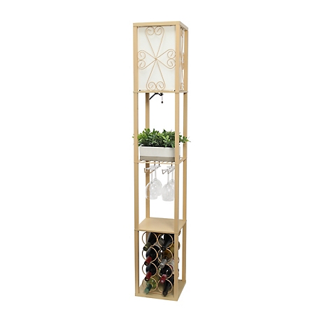 Simple Designs 62.75 in. Floor Lamp Etagere Organizer with Storage Shelf, Wine Rack and Linen Shade, Tan