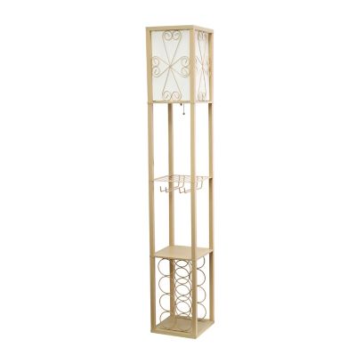 Image showing  Floor Lamp Etagere Organizer with Storage Shelf and Wine Rack, 62.75 in., Linen Shade, Tan