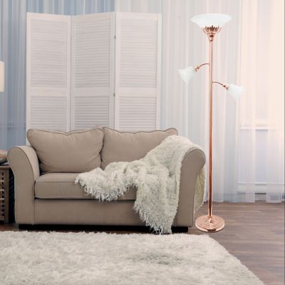 Elegant Designs 71 in. 3-Light Floor Lamp with Scalloped Glass Shades, Rose Gold