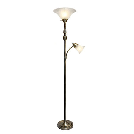 Elegant Designs 71 in. 2-Light Mother Daughter Floor Lamp with Marble Glass, Antique Brass/White Shade