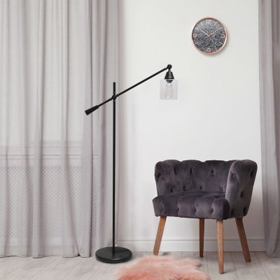 Lalia Home 56 in. Swing Arm Floor Lamp with Clear Glass Cylindrical Shade, Black Matte