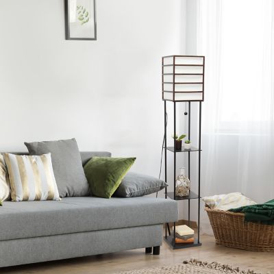 Lalia Home 60 in. 1-Light Metal Etagere Floor Lamp with Storage Shelves and Linen Shade, Natural