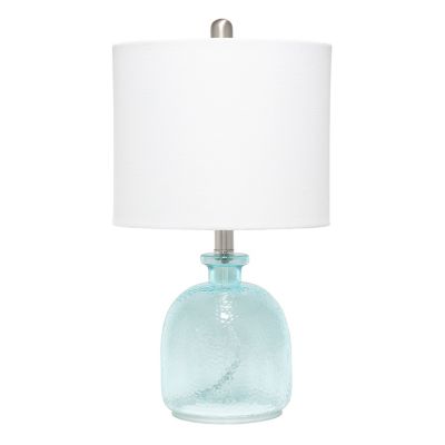 Lalia Home Hammered Glass Jar Table Lamp with Linen Shade, Clear Blue/White