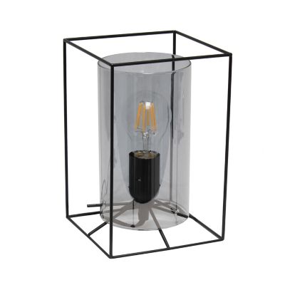 Lalia Home Framed Black Table Lamp with Smokey Cylinder Glass Shade, Small