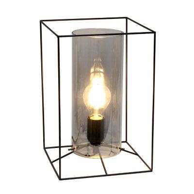 Image showing  Framed Black Table Lamp with Smokey Cylinder Glass Shade, Large