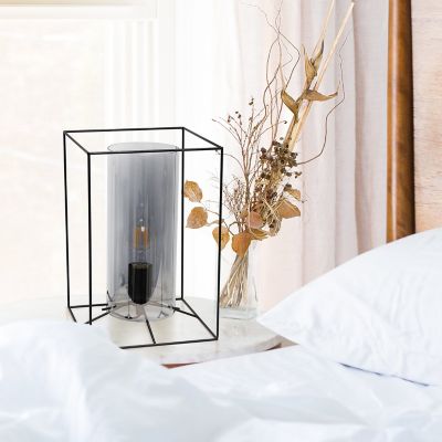 Image showing  Framed Black Table Lamp with Smokey Cylinder Glass Shade, Large