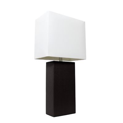 Elegant Designs Modern Leather Table Lamp with Fabric Shade, Black Leather
