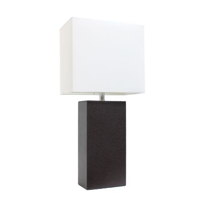 Elegant Designs Modern Leather Table Lamp with Fabric Shade, Brown Leather