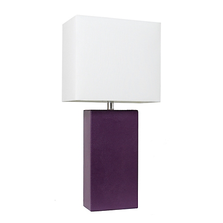 Elegant Designs Modern Leather Table Lamp with Fabric Shade, Eggplant Leather