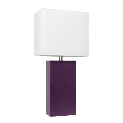 Image showing  Modern Leather Table Lamp with Fabric Shade, Eggplant Leather