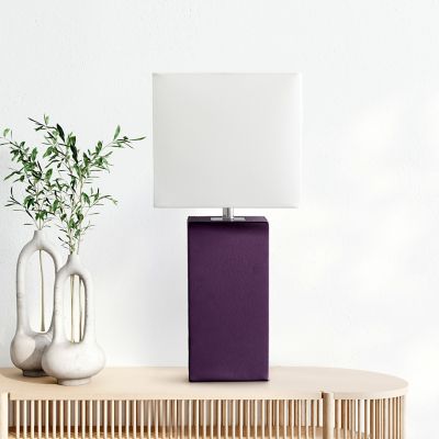 Image showing  Modern Leather Table Lamp with Fabric Shade, Eggplant Leather