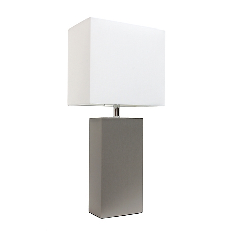 Elegant Designs Modern Leather Table Lamp with Fabric Shade, Gray Leather