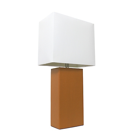 Elegant Designs 21 in. H Modern Leather Table Lamp with Fabric Shade, Tan Leather