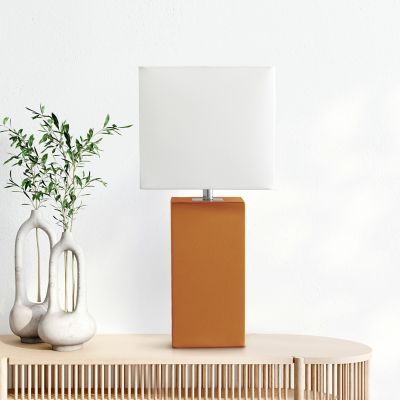 Image showing  21 in. H Modern Leather Table Lamp with Fabric Shade, Tan Leather