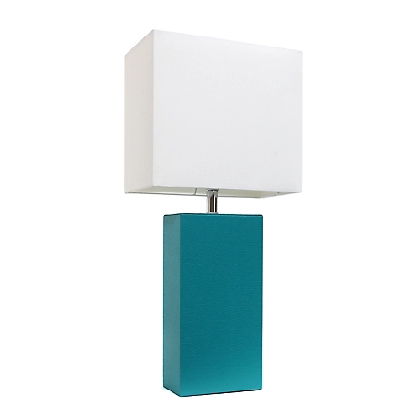Elegant Designs 21 in. H Modern Leather Table Lamp with Fabric Shade, Teal Leather