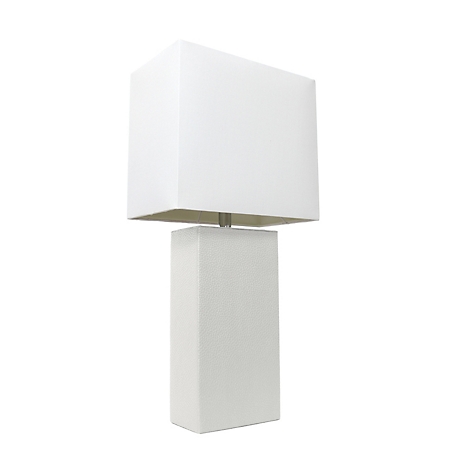 Elegant Designs 21 in. H Modern Leather Table Lamp with Fabric Shade, White Leather