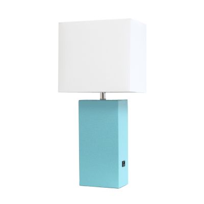 Elegant Designs 21 in. H Modern Leather Table Lamp with USB and Fabric Shade, Aqua Leather