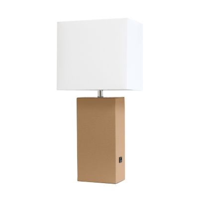 Elegant Designs 21 in. H Modern Leather Table Lamp with USB and Fabric Shade, Beige Leather