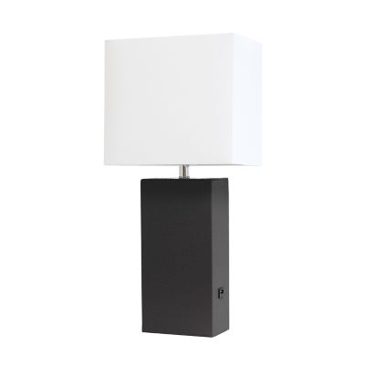 Elegant Designs 21 in. H Modern Leather Table Lamp with USB and Fabric Shade, Black Leather