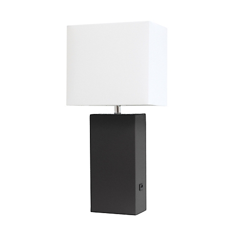 Elegant Designs 21 in. H Modern Leather Table Lamp with USB and Fabric Shade, Black Leather