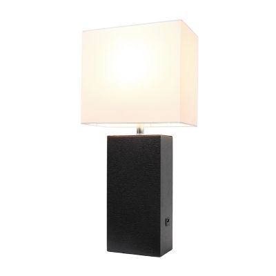 Image showing  21 in. H Modern Leather Table Lamp with USB and Fabric Shade, Black Leather
