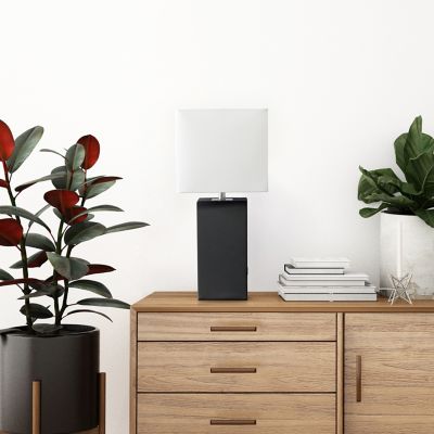 Image showing  21 in. H Modern Leather Table Lamp with USB and Fabric Shade, Black Leather